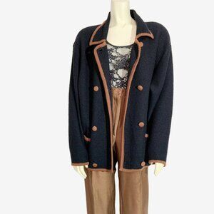 Vintage Black Wool Knit Cardigan with Brown Trim by Franco Valeri / Medium-Large
